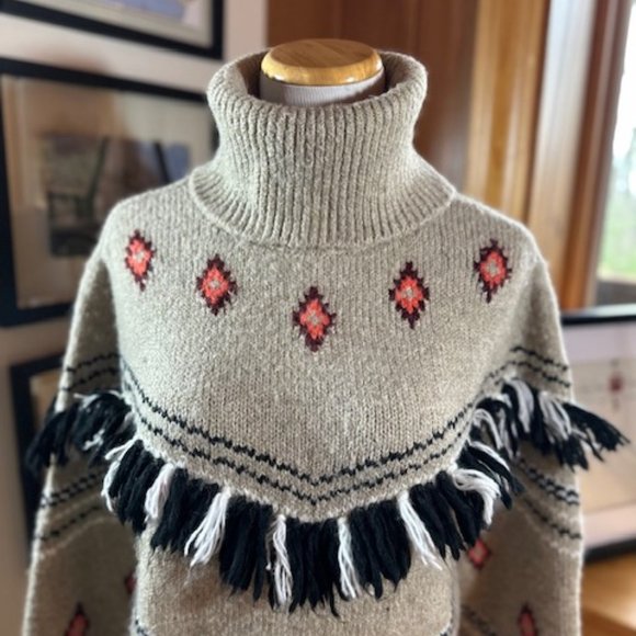 LOU and GRAY LOFT Beige Black Southwestern Motifs Fringed Turtleneck Sweater -S - Picture 2 of 11